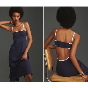 NWT Anthropologie The Dafni Cutout Linen Midi Dress by Maeve $168 X-LARGE Navy